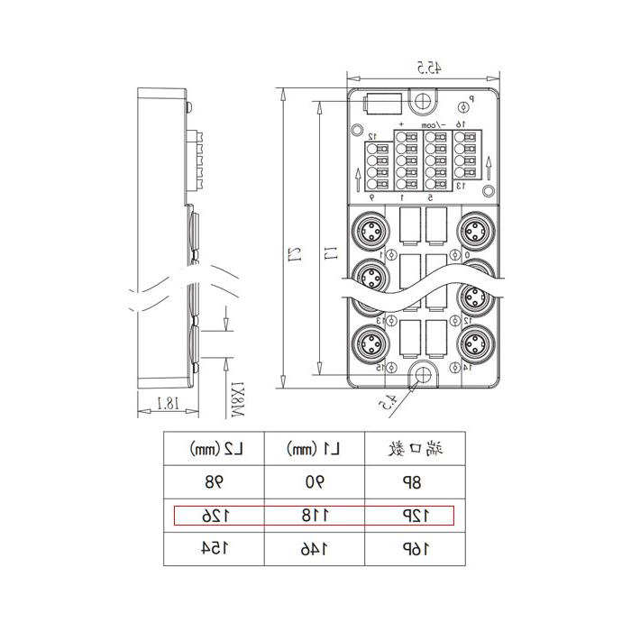 M8接线盒，单通道，NPN， 12端口，拆分型，带 LED、With top cover and cable、23NT12